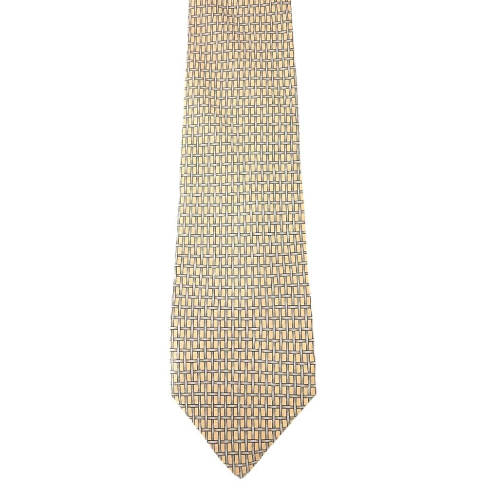 Vintage Hermès 100% Silk Men's Yellow Tie With Grey Basketweave Designs